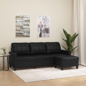 3-personers sofa med fodskammel 180 cm kunstlæder sort